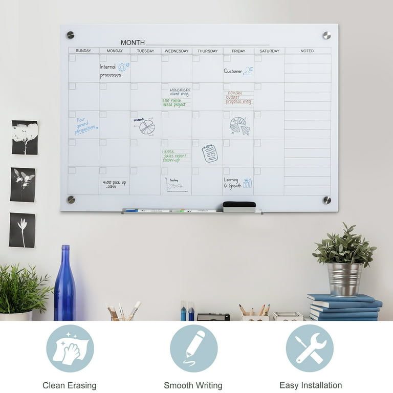 Vinsetto 35"x23" Dry Erase Wall Calendar Glass Whiteboard Monthly Planner  for Homeschool Supplies & Home Office Organization with 4 Markers and 1  Eraser,Frameless - Walmart.com