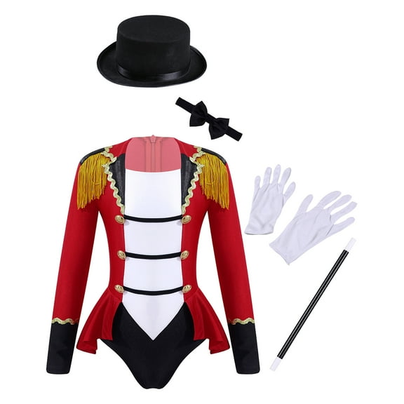 Linjinx Kids Girls Lion Tamer Set Tuxedo Leotard with Hat Magic Wand Gloves Festival Red 10