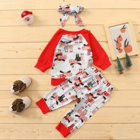 

Augper Baby Girl Clothes Long Sleeve Fall Winter Clearance Toddler Kids Baby Christmas Animal Print Tops Pants Bow Headbands Set Outfits