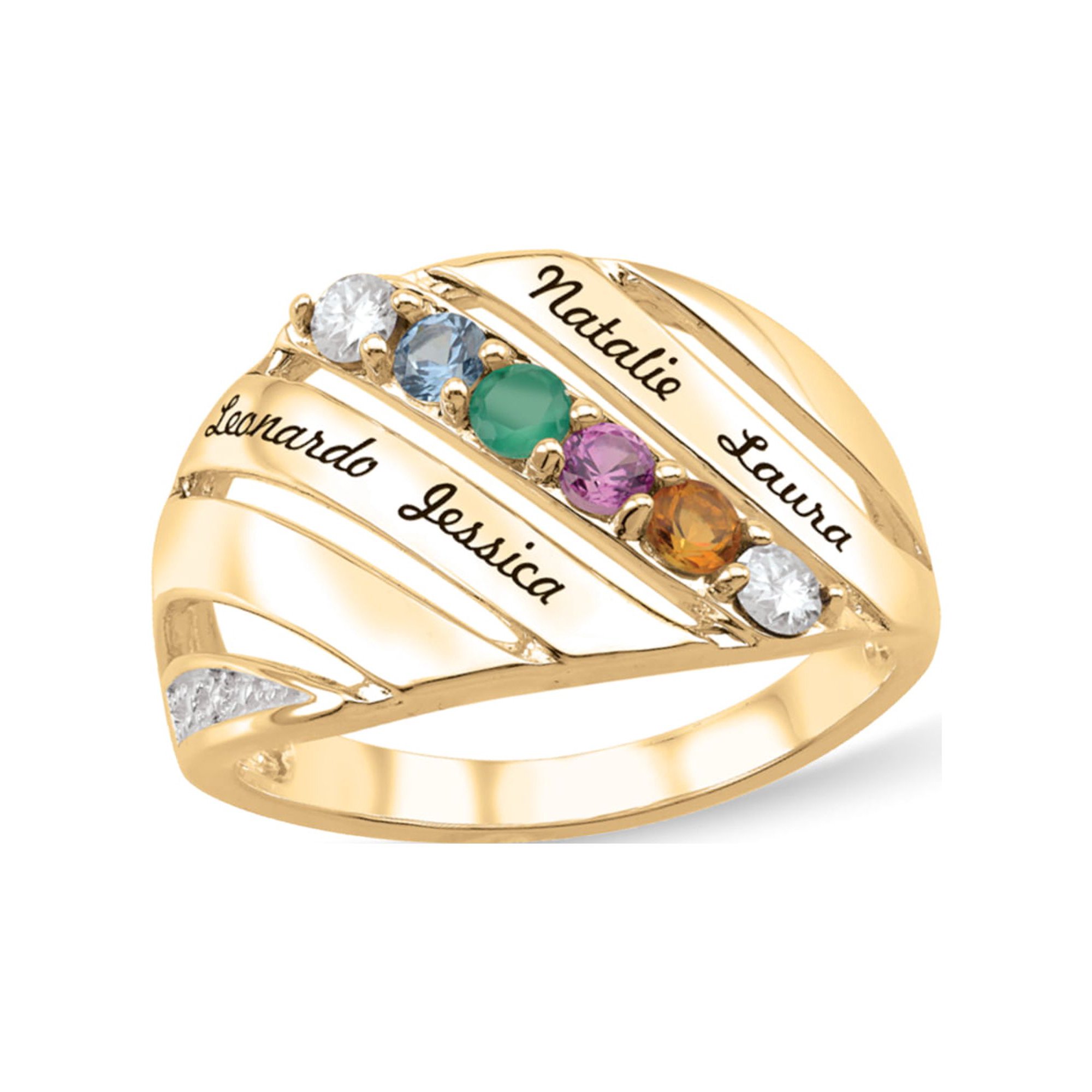 Personalized Engravable Diagonal Design Birthstone Ring in 10K Gold with Diamond Accents by Jewlster