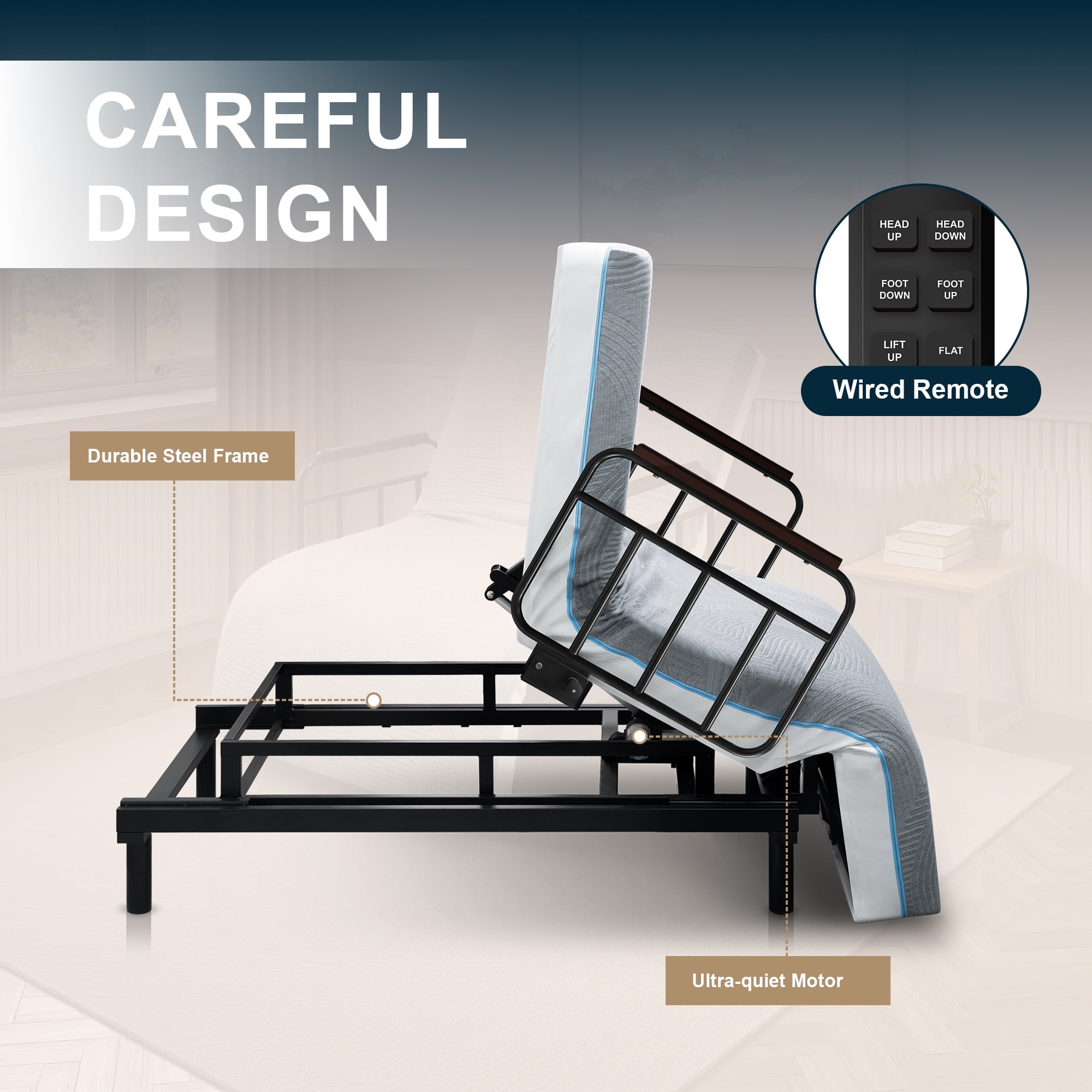 Montary Electric Hospital Bed - One-Touch Remote Back/Leg Adjust, Safety Rails & Stand Assist, for Elderly/Pregnancy Care