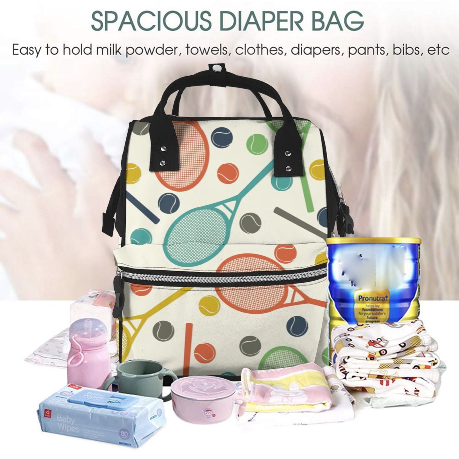 Ratiio Racket and Tennis Ball Mummy Backpack - Waterproof Twill Canvas, Large Capacity Diaper Bag with Multiple Pockets and Adjustable Straps