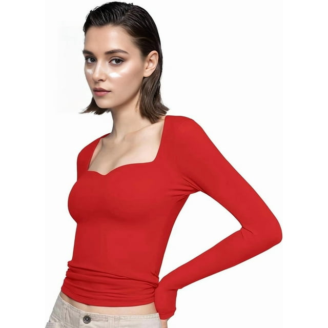 T-shirts à Manches Longues pour Femmes Col Cœur - Coupe Ajustée Hauts de Sortie Basique Tee Nuage de Fumée Collection Pro Rouge G
