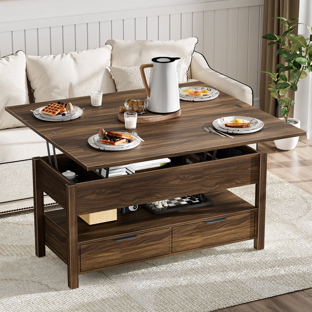 VERDALAY Mesa de centro con tapa elevable Mesa de té de madera con 2 cajones Mesa de centro elevable con cajones de almacenamiento Mesa auxiliar con asas Mesa central con tapa
