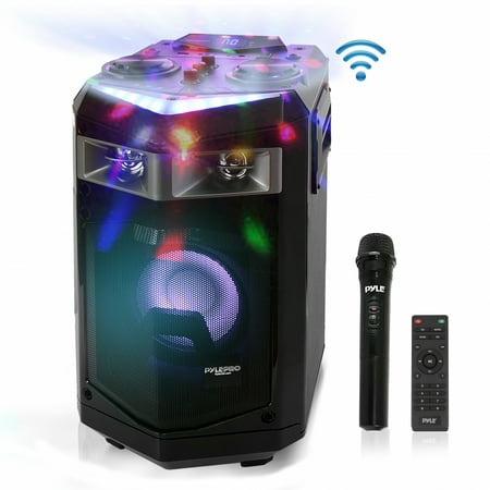 PYLE PWMKRDJ84BT - Bluetooth PA Loudspeaker & Microphone System - Portable Stereo Karaoke DJ Mixing Speaker with Flashing Part Lights, Included Wireless Mic, MP3/USB/Micro SD, FM Radio (500