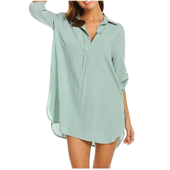 Bigersell Mother Of the Bride Dresses for Wedding Women's Solid Color V-neck 3/4 Sleeve Beach Sunscreen Shirt Dress Valentines Dress Women Shirt Dress Dresses, Style 3480, Green L