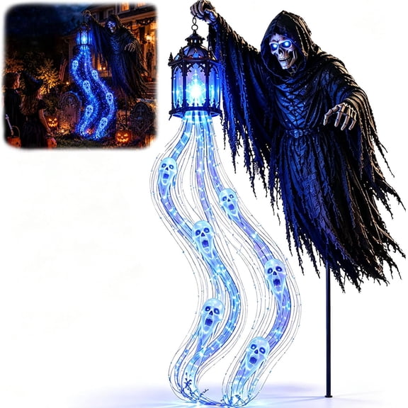 Halloween Grim Reaper Animated Garden Light, Solar Outdoor Decorations, Halloween Yard Decor with Glowing Ghost and Lantern, Scary Skeleton Lighted Garden Stake for Front Yard, Porch & Walkway