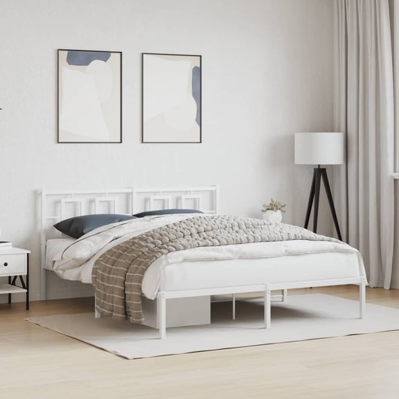 vidaXL Metal Bed Frame without Mattress with Headboard White 59.1"x78.7"