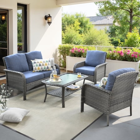 Toject 4 Pieces Patio Furniture Set All-Weather Wicker Outdoor Furniture Loveseat Table Chairs Set for Porch High Back Conversation Set for Backyard Balcony Denim Blue