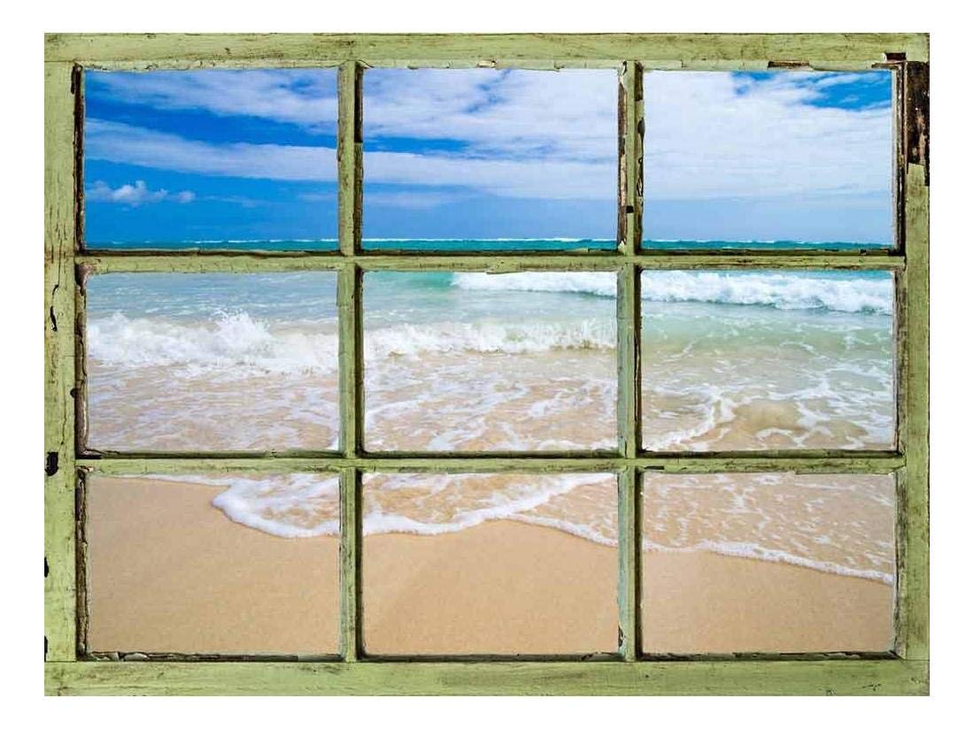 Window View Wall Mural Tropical Beach and Clear Sea Waves Vintage
