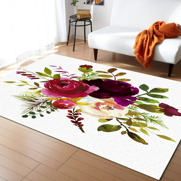 Coral velvet Peony Watercolor Flowers Living Room Floor Mat Children's Room Bedroom Bedside Carpet Kitchen Door Mat