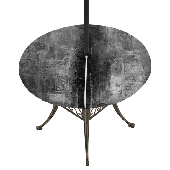 Round Outdoor Tablecloth with Umbrella Hole and Zipper, Gray Fitted Table Cover with Elastic Edge for 45-54 Inch, Retro Oil Painting Modern Abstract Art Aesthetics Waterproof Patio Tablecoths