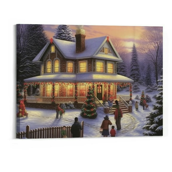 Creowell  Christmas Canvas Print - Winter Scene Wall Art with a Victorian House Snowy - in the Christmas Trees 20x16 Inch