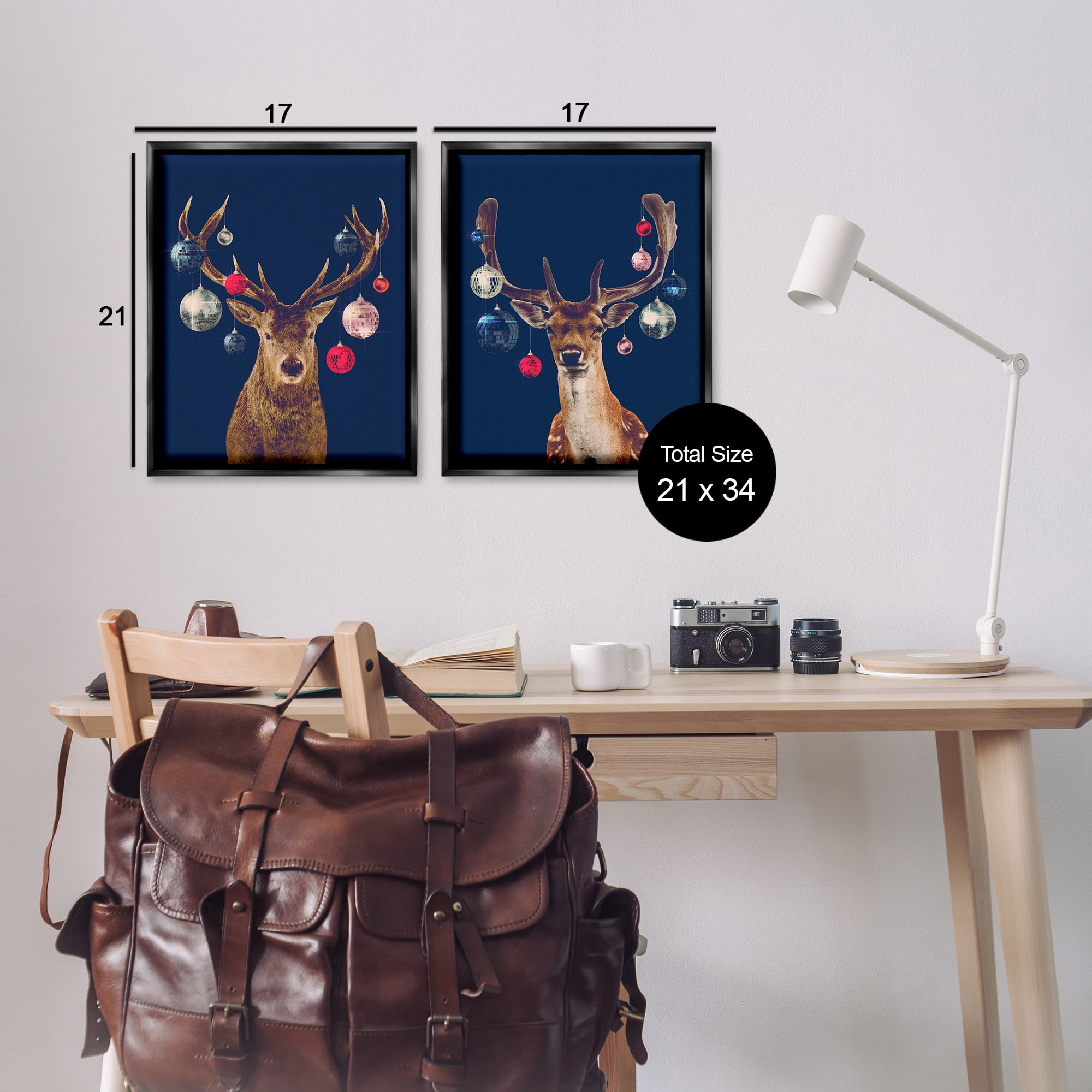 Stupell Industries Navy Brown Disco Deer Holiday Painting Black Floater Framed Canvas Art Print Wall Art, 17 x 21, Set of 2