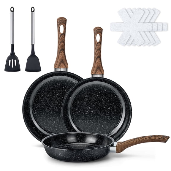 Blidinner Nonstick Frying Pan Set, 3-Piece , 8"/ 10"/ 12", Wooden Handle, Induction Compatible, Dishwasher Safe, Works on All Stovetops, Includes Utensils and Pan Protectors