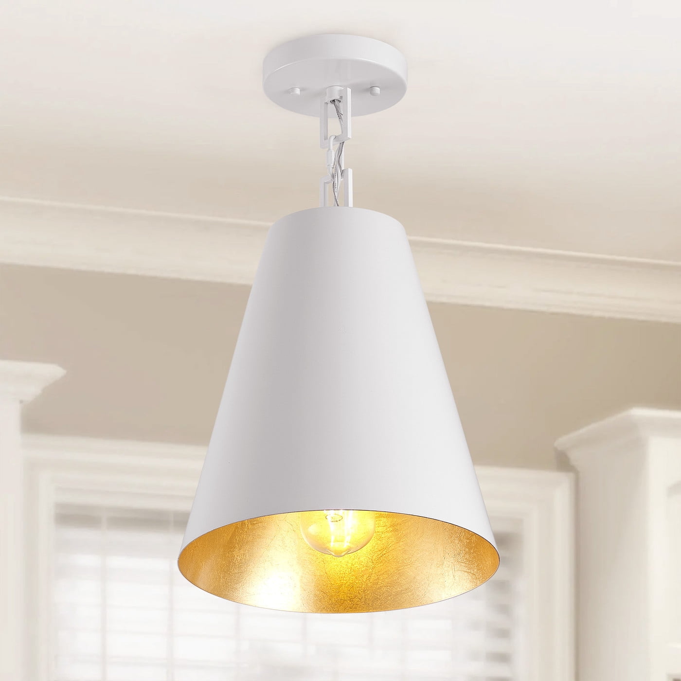 Aiwen Mid Century Semi Flush Mount Ceiling Light White Cone Metal Shade Farmhouse Ceiling Lighting For Bedroom Kitchen Island Living Room Hallway