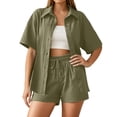 thumbnail image 2 of Women 2 Piece Outfits Long Sleeve Button Down Blouse And Shorts Shirts Sets Green XL, 2 of 6