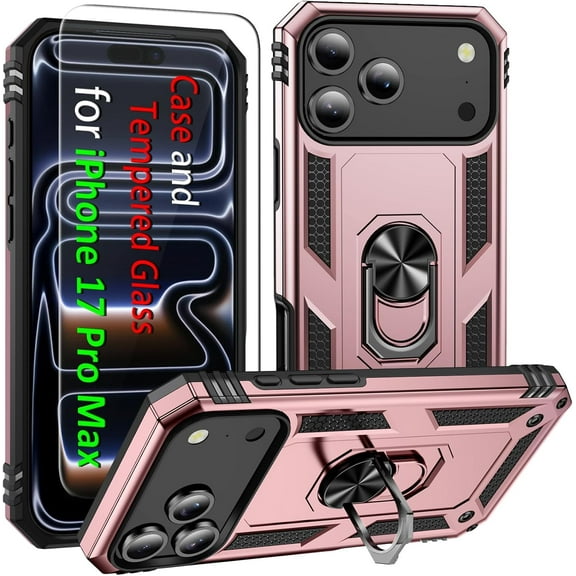 MYKOMI Compatible with iPhone 17 Pro Max Case with Tempered Glass Screen Protector, Adjustable Kickstand Ring, Military-Grade Heavy Duty Protection, Shockproof, Anti-Fingerprint