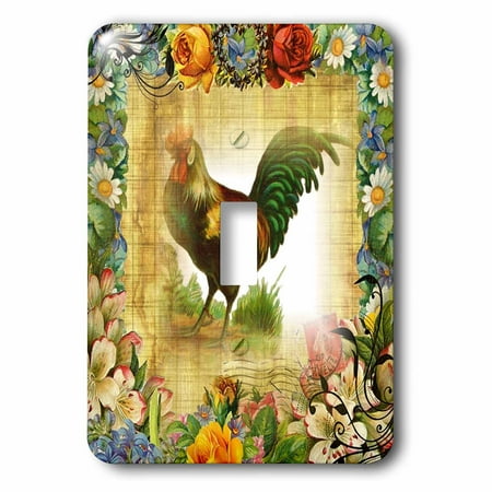 Rooster Outlet Cover - 3dRose Image of Country Rooster On Flowered Old Postcard, 2 Plug Outlet Cover