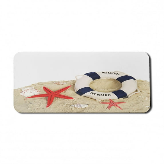 Coastal Computer Mouse Pad, and Shells Starfishes at Sandy Beach Coast Seaside Transport, Rectangle Non-Slip Rubber Mousepad X-Large, 35" x 15" Gaming Size, Navy Blue Eggshell Red, by Ambesonne