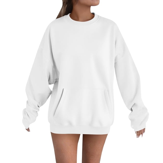 Breezora Chandail à Capuchon à Poche Surdimensionné pour Femmes, Col Rond, Chandail Décontracté Confortable, Taille g, Blanc