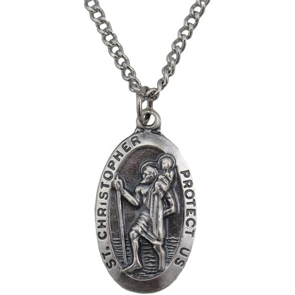St. Christopher Silver Tone Medal Necklace with 24 Inch Rhodium Plated Chain