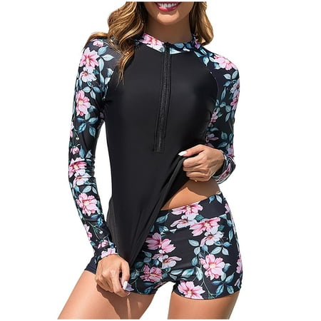 WREESH 2-Piece Women s Zipper Rash Guard Swimsuit Set Long Sleeve Sun Protection Swim Shirt with Boyshorts Bottom  Stretch Bathing Suit for Pool  Surfing & Water Aerobics Black