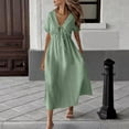 thumbnail image 2 of SMihono Women's Long Flowy Dress Elegant V Neck Short Sleeve Tie Front Summer Vacation Party Cotton Midi Dresses Mint Green S, 2 of 9