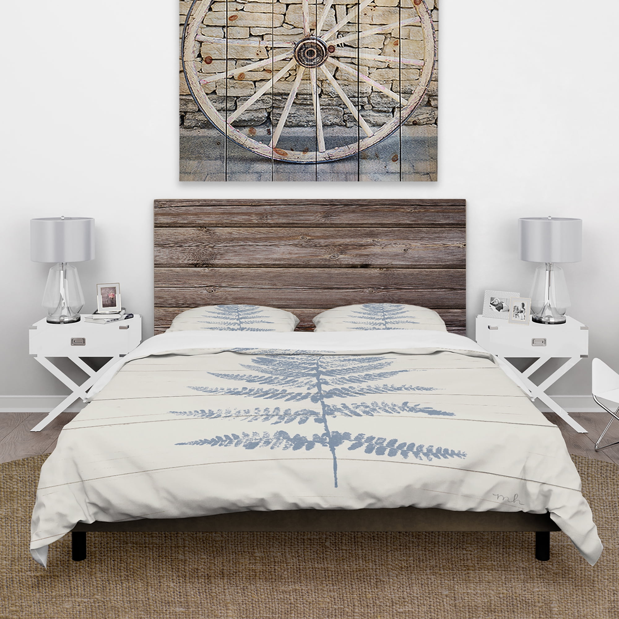 Designart 'Blue Fern Print on wood II' Cottage Duvet Cover Set