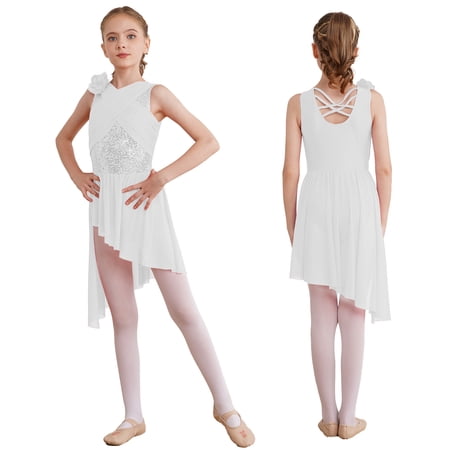 iixpin Kids Girls Sequin Lyrical Dance Dress Sleeveless Asymmetrical Tulle Skirt Leotard Ballet Contemporary Costume White 14