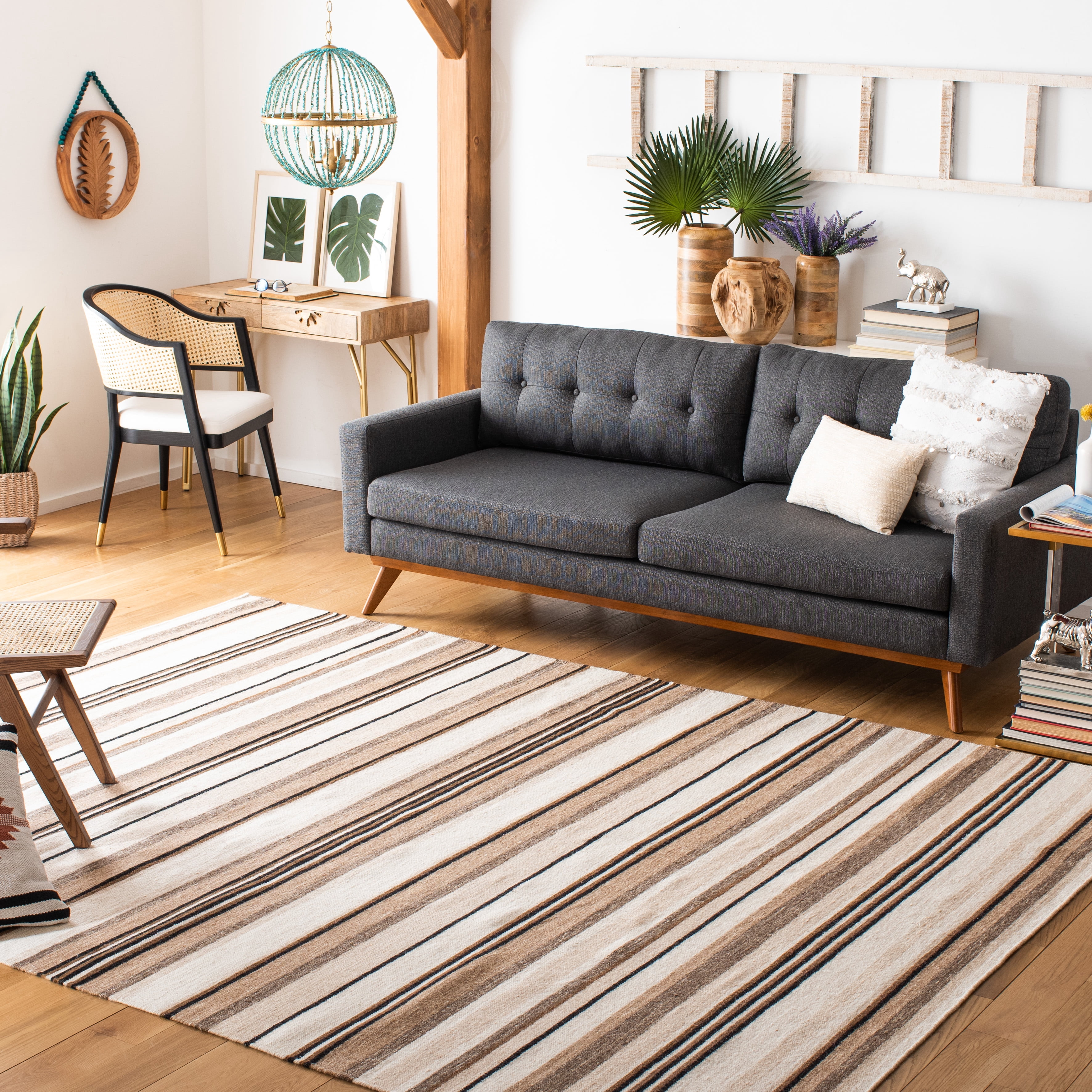 SAFAVIEH Striped Kilim Colbert Striped Area Rug, Natural/Ivory, 7' x 7' Square