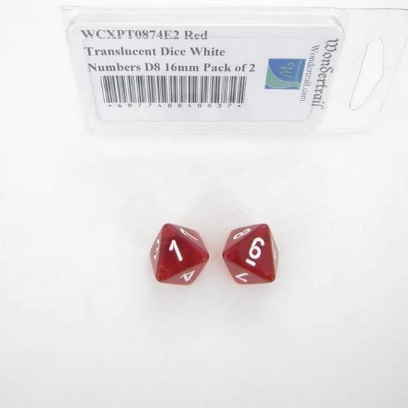 Red Translucent Dice with White Numbers D8 Aprox 16mm (5/8in) Pack of 2 Wondertrail