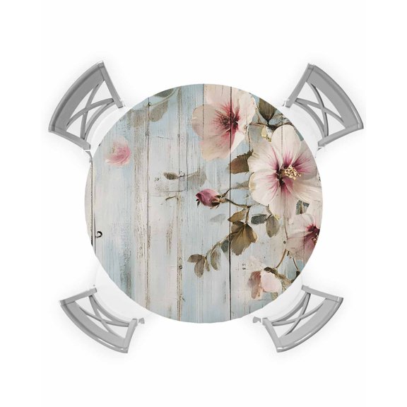 nqOlkjepod White Flowers Round Tablecloth, Fitted Table Cover with Elastic for 55"-60" Round Tables, Blue Wood Grain Pastoral Country Rustic Table Cloth Outdoor Dinning Party Waterproof Tablecloths
