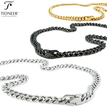 Tioneer Stainless Steel 10mm Curb Chain 316L Minimalist Fashion Accessory Necklace in Silver Black Gold 18" 20" 22" 24"