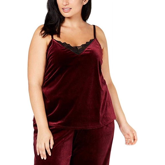 INC International Concepts Women's Plus Lace-Trim Velvet Camisole Top, Maroon 3X