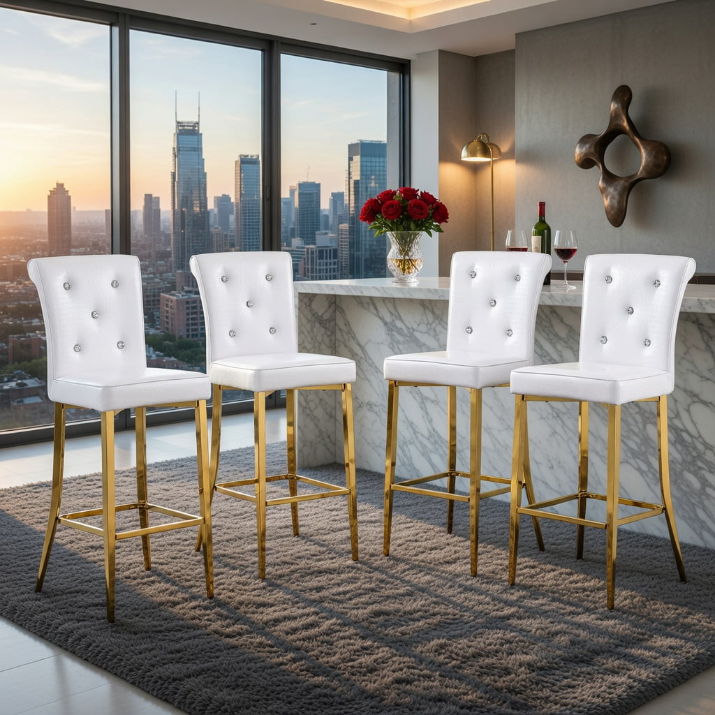 Hommoo 2-Pack Vintage Faux Crocodile Bar Chairs with Crystal Buckle Accents, Waterproof PVC Leather, Easy Assembly, White