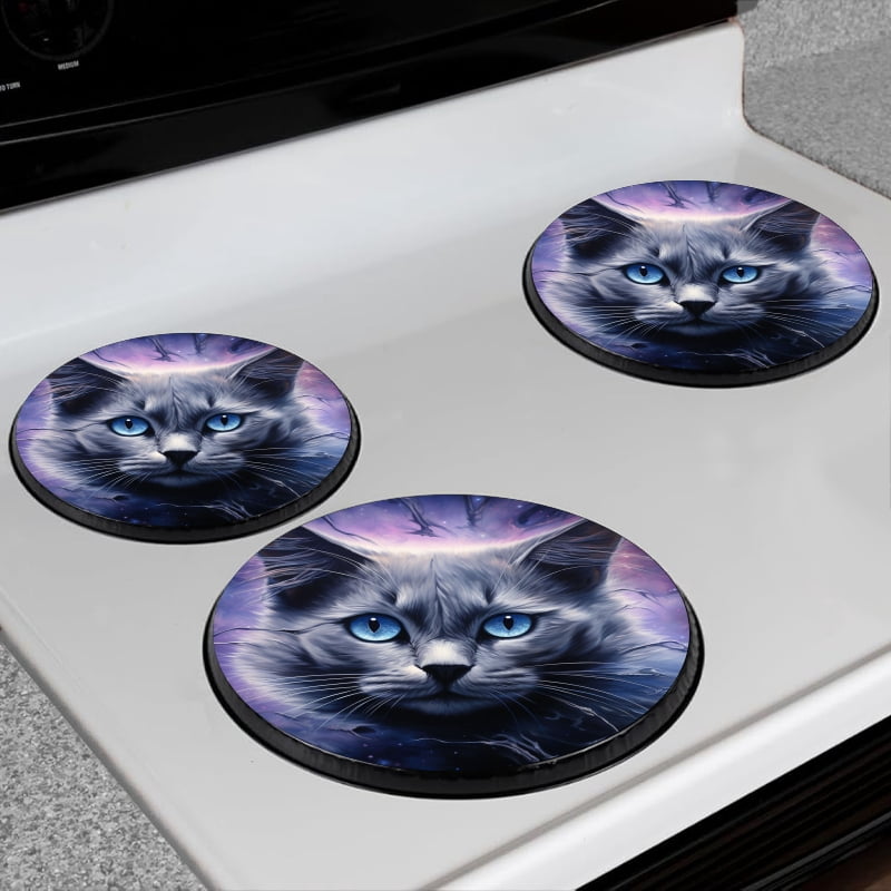 Bahomeck Electric Stove Burner Covers Set Of 4,Majestic Cat With Blue Eyes Set Against Stars And Galaxies Metal Gas Stove Burner Covers,Protecting Gas Stoves,8 Inch And 10 Inch