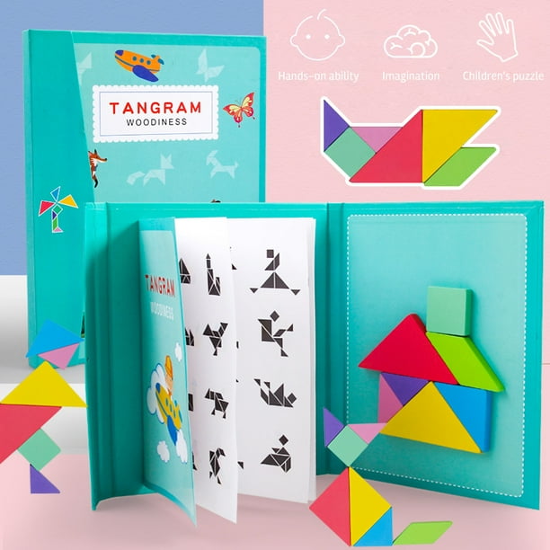 Amerteer Travel Tangram Puzzle - Magnetic Pattern Block Book Road Trip Game  Jigsaw Shapes Dissection STEM Games with Solution for Kid Adult Challenge 