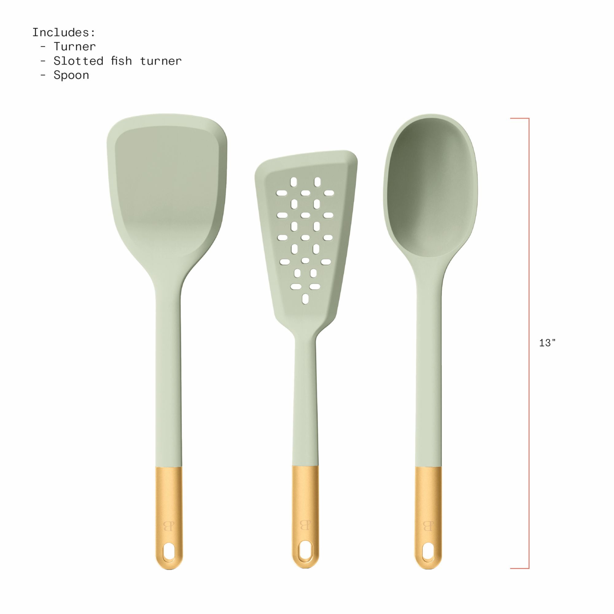 Beautiful 3-Piece Silicone Kitchen Utensil Tool Set, Sage Green by Drew Barrymore