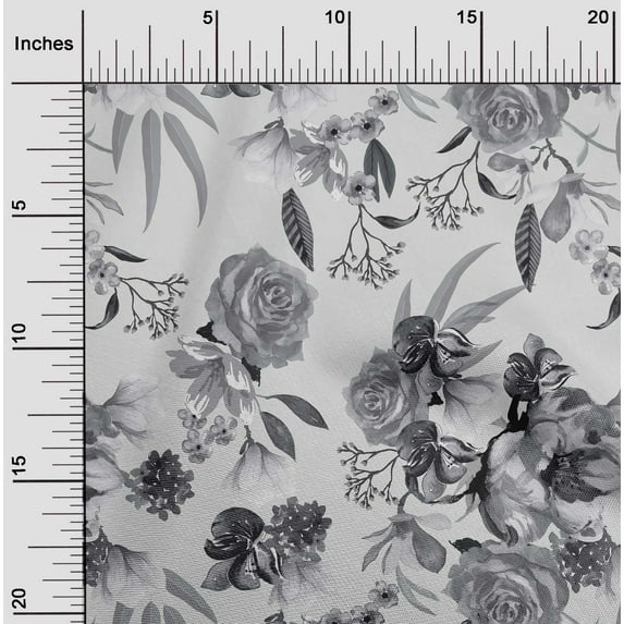 oneOone Cotton Flex Gray Fabric Leaves & Rose Watercolor Fabric For Sewing Printed Craft Fabric By The Yard 40 Inch Wide