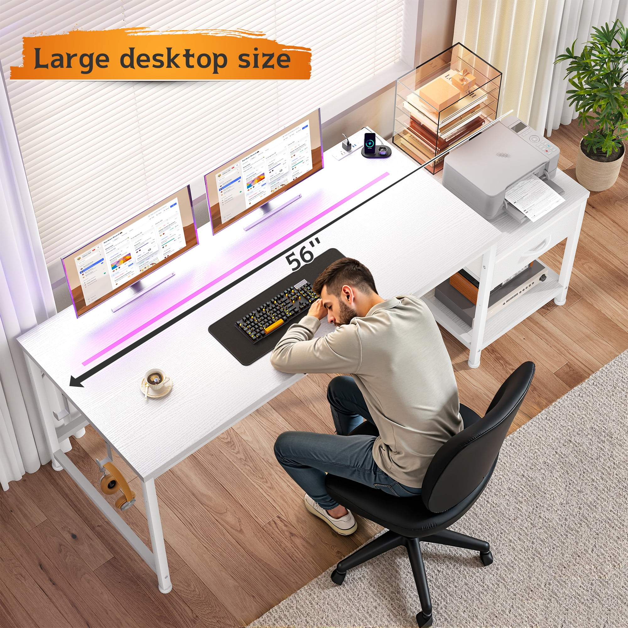 Romorgniz 56"W Gaming Desk with LED Lights & Power Outlets, Computer Desk with Fabric Drawer & Printer Shelf, Small Space Desk for Home Office, Dorm, Bedroom, White