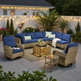 thumbnail image 3 of Ovios 10 Pieces Outdoor Patio Furniture All-Weather Wicker Sectional Conversation Set with Swivel Chairs & Solar Coffee Table, Navy Blue, 3 of 11