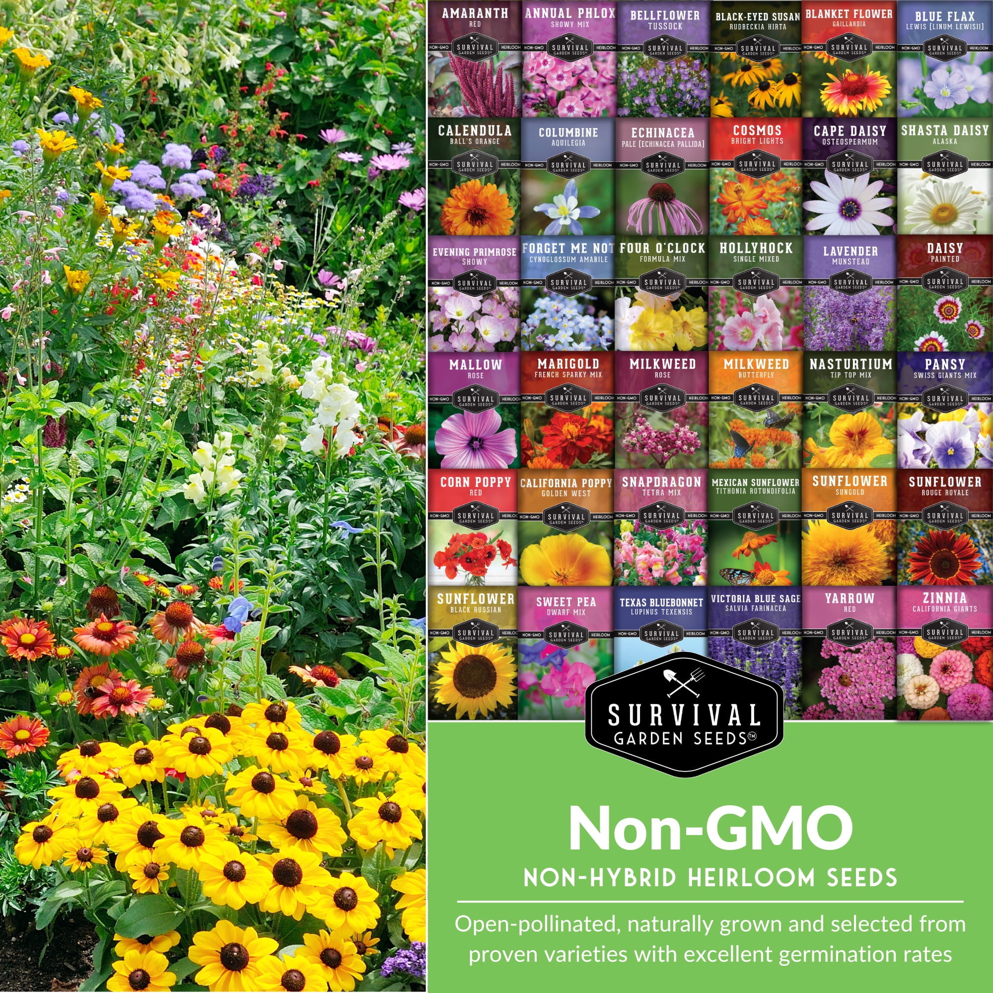 Functional Flower Seeds - 36 pack Heirloom Garden Flower Mix of Annuals & More