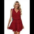 thumbnail image 2 of Womens Spring Summer 2025 Sleeveless Split V Neck Ruffle Chiffon Elegant Mini Short Skirt Dresses Claret L, 2 of 9