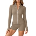 thumbnail image 2 of Women Zip Up Long Sleeve Jacket High Waist Biker Shorts 2 Piece Athletic Workout Outfit Sets Coffee M, 2 of 7