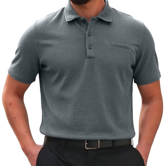 Men's Textured Polo Shirt Short Sleeve Button Placket Collared Polo with Chest Pocket Casual Summer Top
