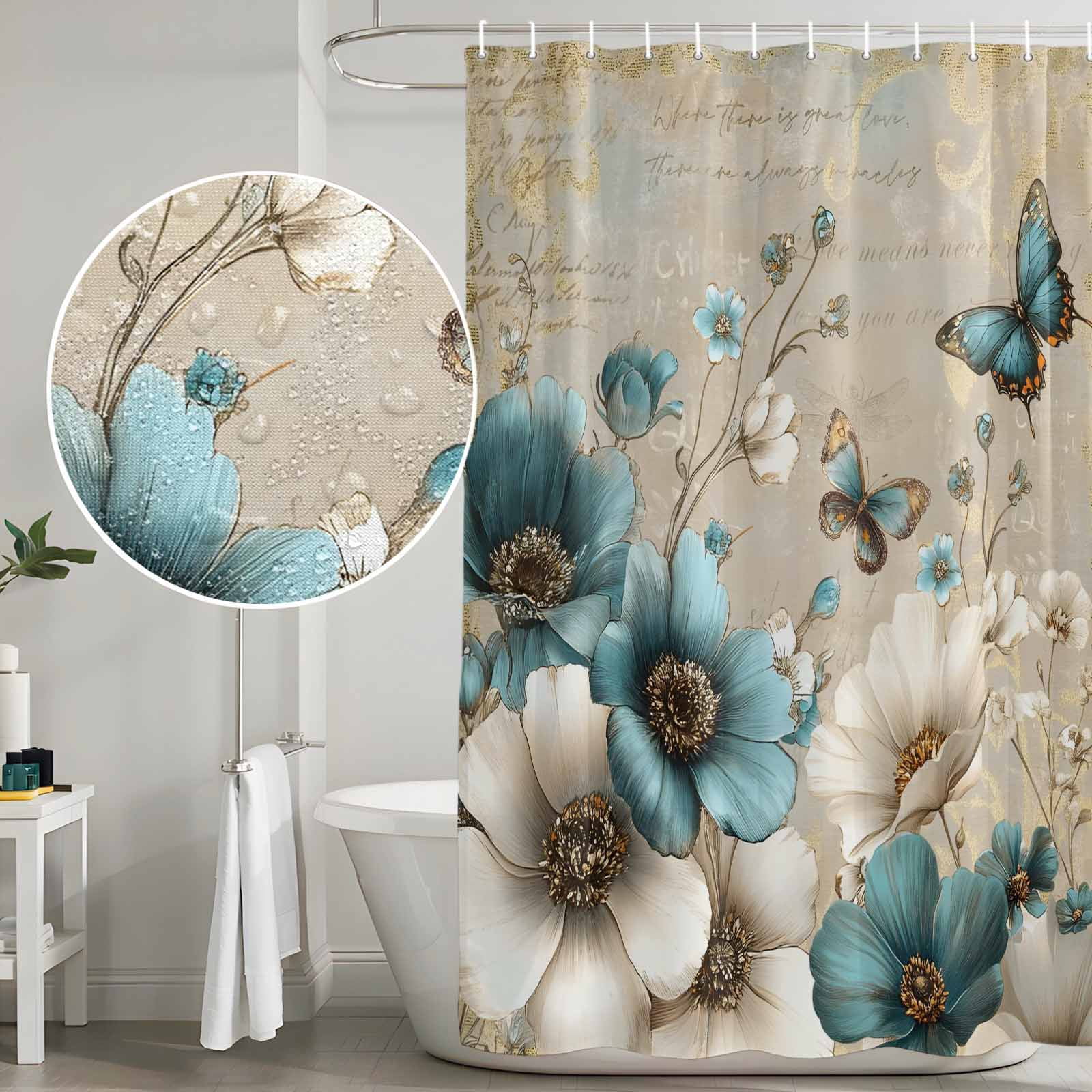 Teal Tulip Butterfly Shower Curtain, Waterproof Shower Curtains for Bathroom, Beige Turquoise Floral Vintage Rustic Washable Fabric Bathtub Curtain Set Bath Decor with 12 Hooks 48"x72"