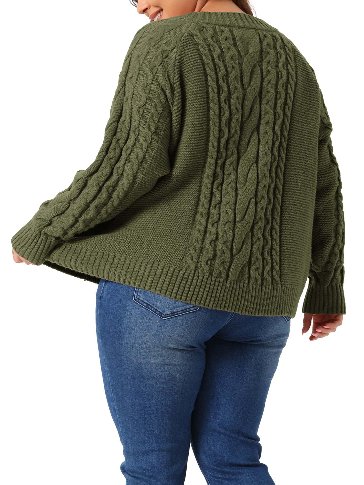 DARING DIVA Women's Plus Long Sleeve Crewneck Fisherman Cable Sweater 3X Army Green