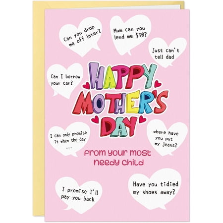 WaaHome Funny Mothers Day Card - Happy Mother's Day Card from Your Most Needy Child - Relatable Sarcastic Gift from Son Daughter - Perfect for Moms with a Sense of Humor, 5.5x8