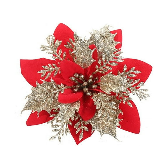 5/10/20pcs Christmas flower poinsettia artificial flower with clip Christmas and New Year party floral decoration (red gold,10pcs)